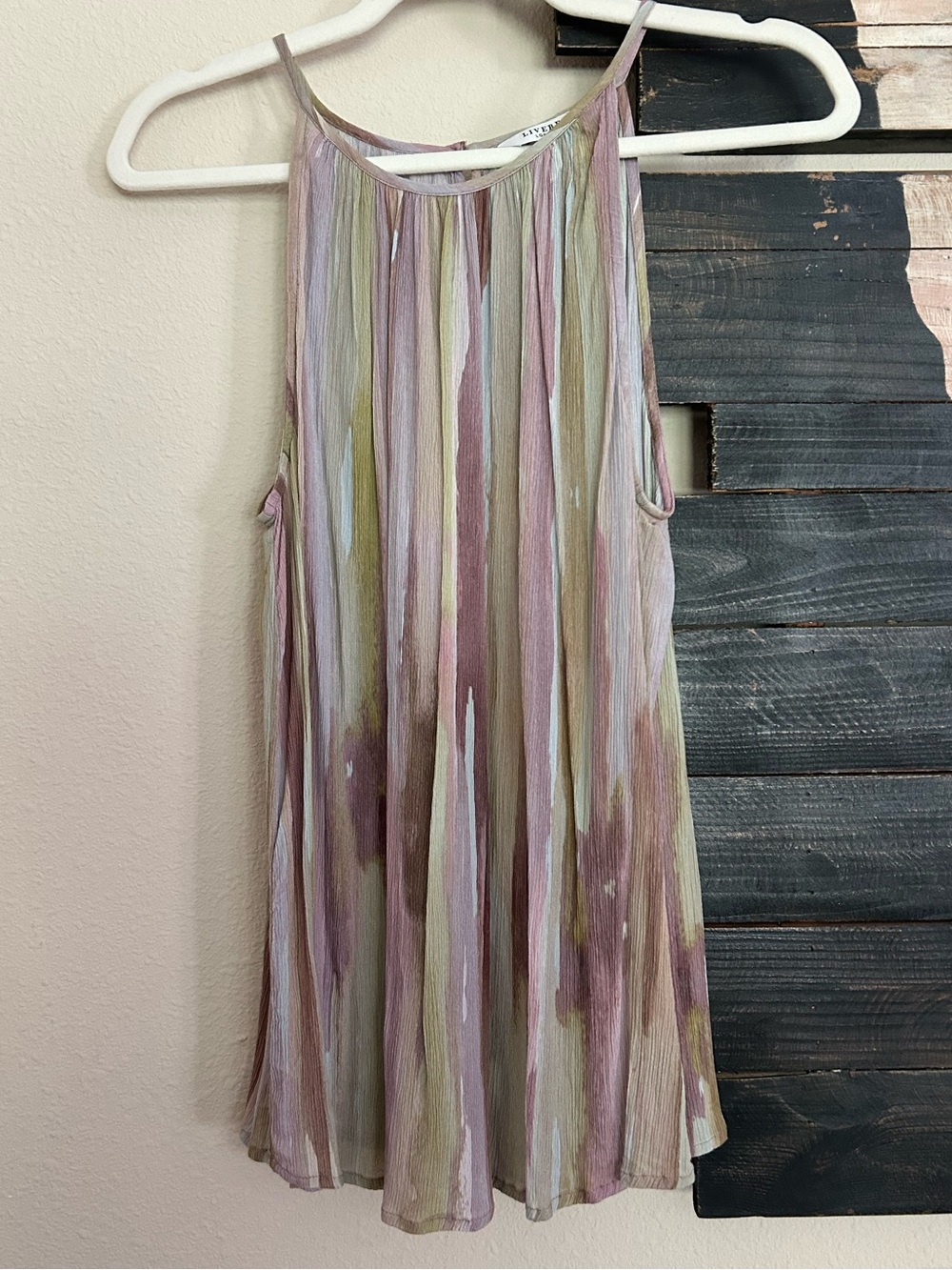 Liverpool Los Angeles Sleeveless Pleated Mock Neck Halter Top Watercolor Stripe